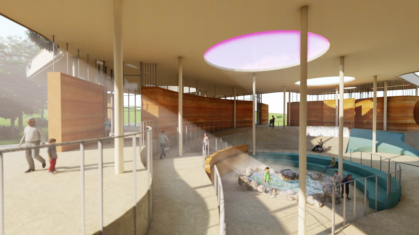 Interior CGI of a naturally lit atrium with water feature — 3D Vistas