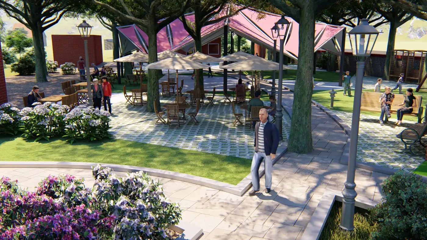 Landscaped courtyard cafe terrace visualisation — 3D Vistas