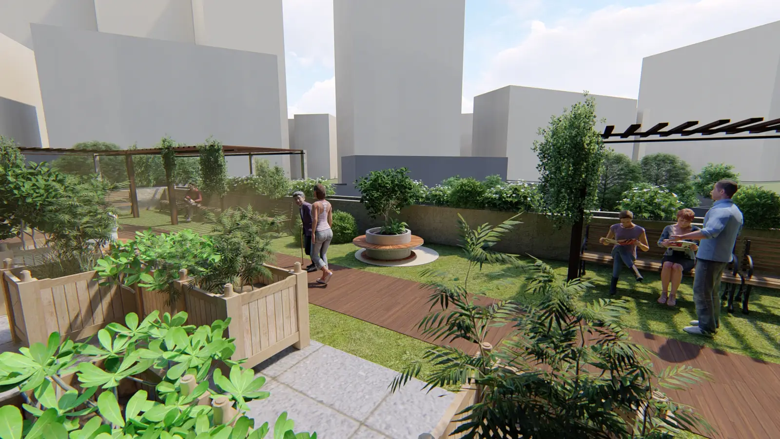 Rooftop garden landscape visualisation with planting and seating — 3D Vistas
